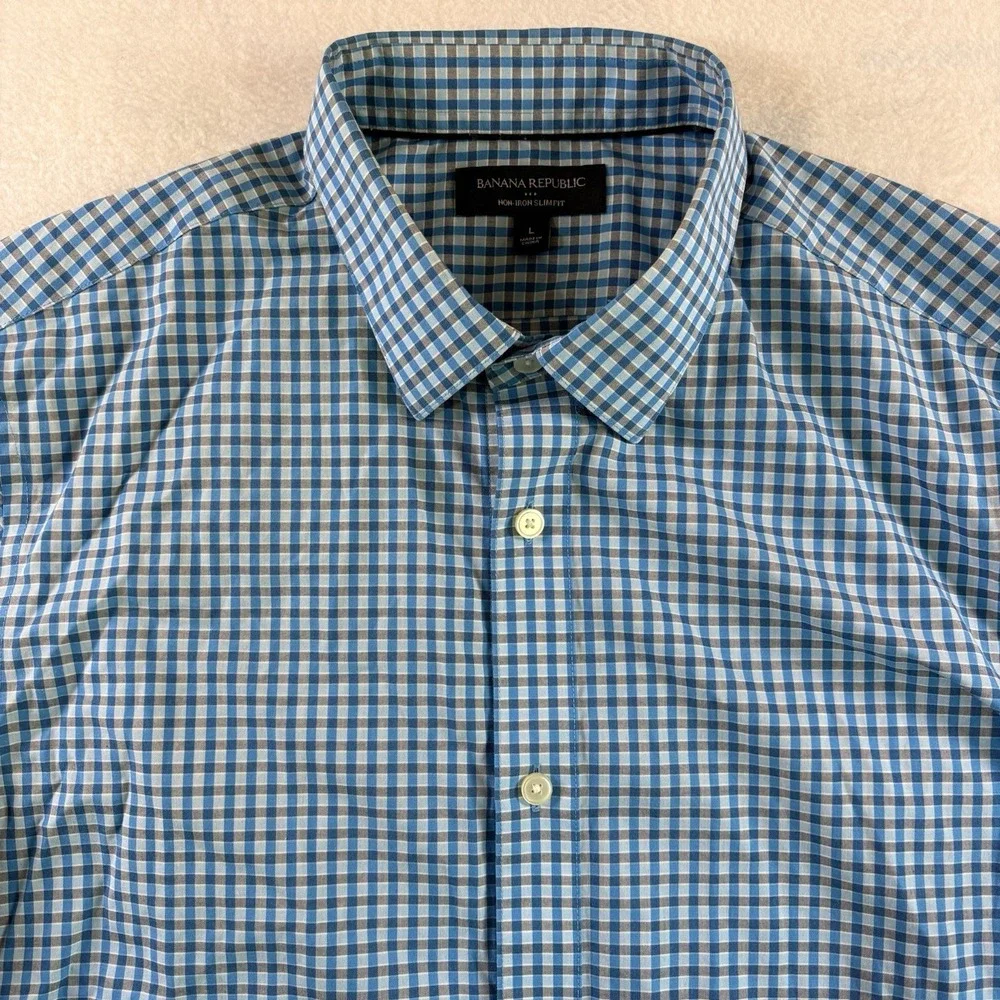 BANANA REPUBLIC Slim Fit Non Iron Blue Check 100% Cotton Button Down Shirt L
